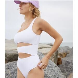 Aerie White Crinkle One Shoulder Cut Out One Piece Swimsuit Size L Long